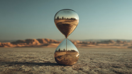 An hourglass stands in the desert capturing the beauty of sunset and flowing sand.の素材