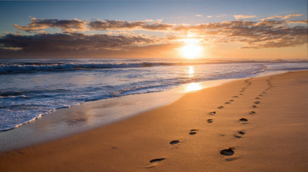 Footprints mark the soft sand as the sun sets over the calm ocean waves.の素材