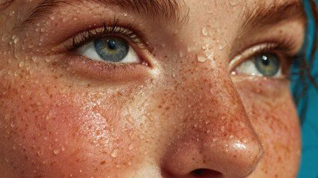 Water droplets glisten on the skin of a young person with striking blue eyes and freckles.の素材