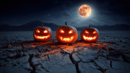 Three carved pumpkins shine brightly in the dark cracked ground beneath a glowing moon.の素材