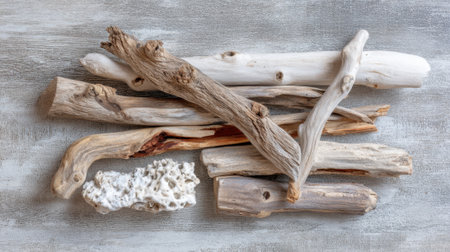Natural driftwood sticks showcasing unique textures and colors arranged for creative display.の素材