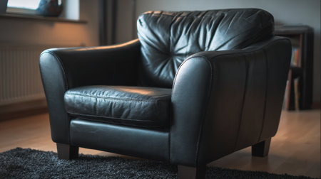 A stylish black leather armchair sits invitingly in a warmly lit living room with a soft ambiance.の素材