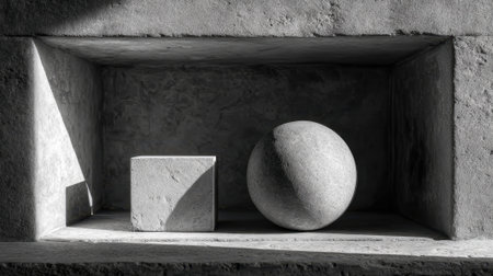 A smooth cube and a round sphere rest in a softly lit niche creating a serene composition.の素材