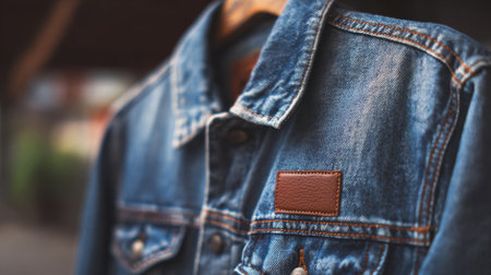 A denim jacket is showcased on a wooden hanger highlighting its classic design and details.の素材