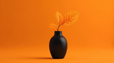 A sleek black vase holds bright orange leaves contrasting beautifully with the warm orange background.の素材