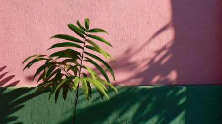 A green leaf stands against a colorful wall its shadow dancing on the surface in sunlight.の素材
