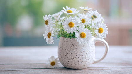 A cheerful arrangement of daisies in a speckled mug sits on a wooden table in soft morning light.の素材