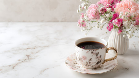 A beautiful coffee cup with floral design sits beside a vibrant flower vase on a marble surface.の素材