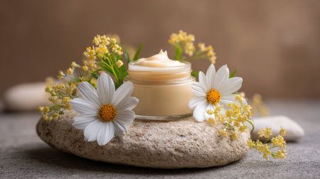 Delicate skincare cream nestled among white daisies and small yellow flowers on a textured stone.の素材