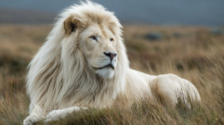 A stunning white lion lies gracefully in the tall grass embodying the beauty of wildlife at twilight.の素材