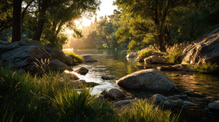 Morning light illuminates a calm riverbank filled with greenery and smooth rocks creating serenity.の素材