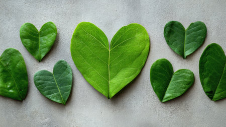 Diverse green leaves shaped like hearts create a lovely pattern on a soft gray background.の素材