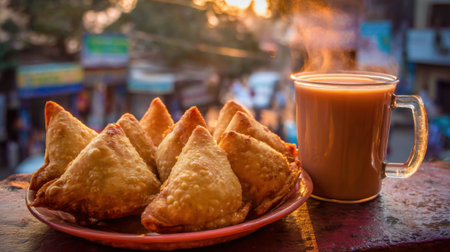 Delicious samosas served with hot chai capturing the lively street scene during sunset.の素材
