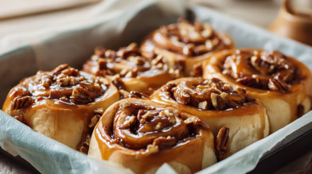 Warm cinnamon rolls topped with caramel and pecans sit in a baking dish inviting anyone nearby to enjoy.の素材