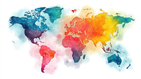 Vibrant watercolor artwork depicts a world map with colorful continents and swirling oceans.の素材