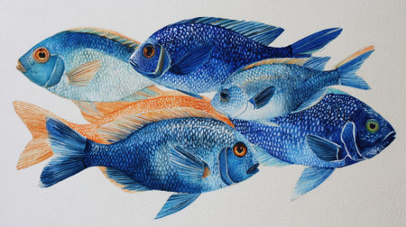 A striking illustration features multiple fish in shades of blue and orange swimming closely together.の素材