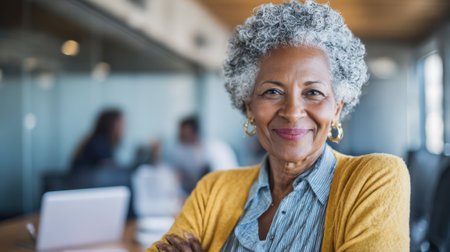 Older woman with stylish hair and a bright sweater shares her insights in a lively office setting.の素材