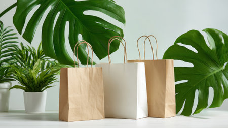 Shopping bags of different colors sit on a clean surface with lush greenery in the background.の素材