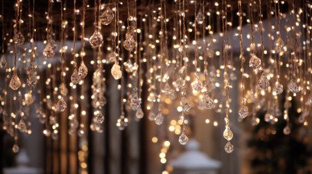 Twinkling lights hang like stars from above creating a warm enchanting atmosphere in the evening.の素材