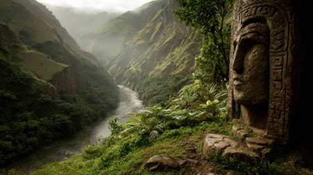 An ancient stone figure overlooks a winding river amidst verdant mountains in soft morning light.の素材