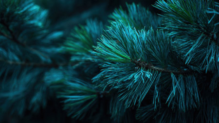 Pine needles glisten in soft twilight showcasing vibrant greens and serene natural beauty.の素材