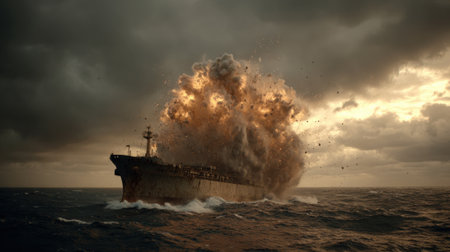 A large cargo ship is seen on the ocean as it erupts in a massive explosion. Dark storm clouds fill the sky and waves crash against the vessel during sunset.の素材