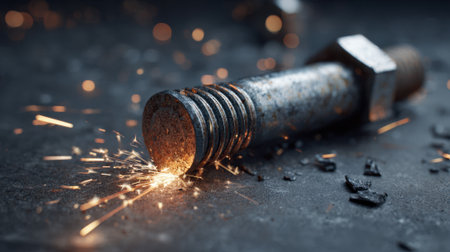 A metal bolt is being welded creating bright sparks and showing powerful craftsmanship.の素材
