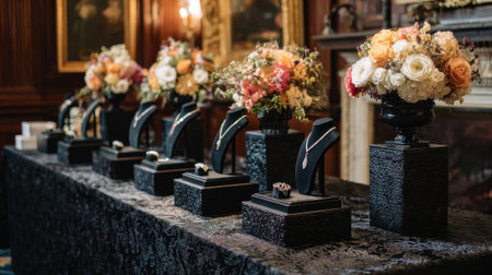 A beautiful assortment of jewelry is presented alongside colorful floral arrangements on a dark tablecloth in a classic indoor venue revealing a touch of luxury and sophistication.の素材