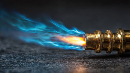 Bright blue flames shoot from a metallic nozzle showcasing a mix of fire and gas. The flames dance against a smooth dark surface creating an intense visual effect.の素材