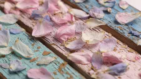Delicate petals in pastel colors cover aged wood adding charm and beauty to a peaceful setting.の素材