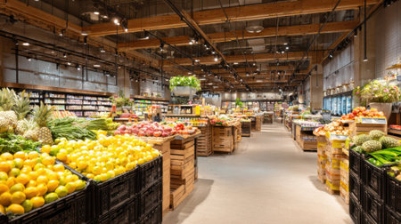 Colorful fruits and vegetables are arranged in crates throughout a spacious grocery store. Natural light highlights the vibrant produce attracting customers.の素材