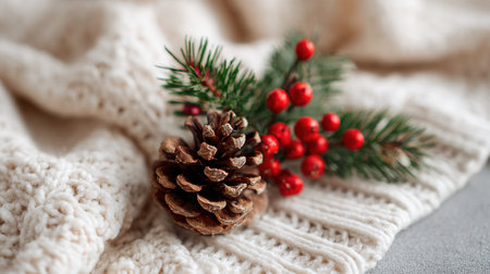 A pinecone and red berries rest on a warm knit fabric evoking a cozy holiday atmosphere.の素材