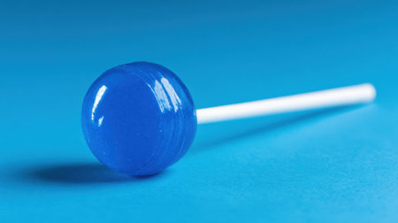 A bright blue lollipop sits on a smooth blue surface inviting sweetness and fun.の素材