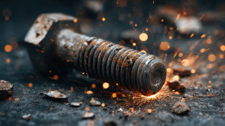 A rusty bolt emits bright sparks as it undergoes metal work in a dimly lit workshop.の素材
