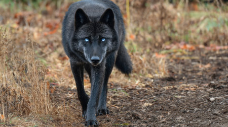 A striking black wolf with piercing blue eyes walks calmly through fallen leaves in a serene forest.の素材