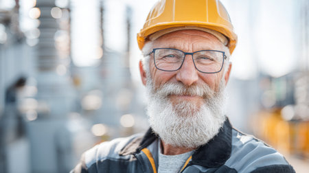 A senior electrical worker with a beard and glasses stands proudly at a construction site. Wearing a hard hat and safety gear he exudes confidence and expertise while overseeing operations.の素材