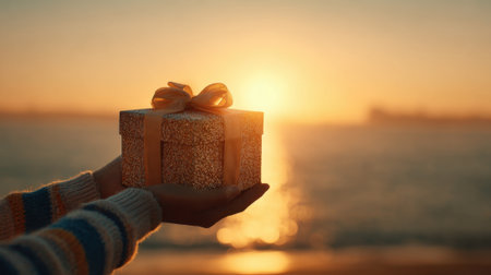 A hand presents a glittering gift box as the sun sets casting warm light over the water.の素材