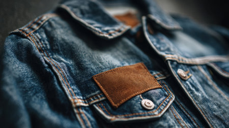 A close up display of a denim jacket featuring a unique brown patch and textured fabric.の素材