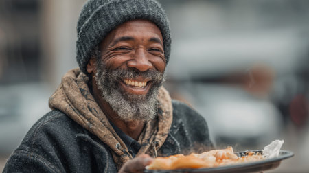 A joyful man enjoys warm food in a lively city environment filled with vehicles and people.の素材