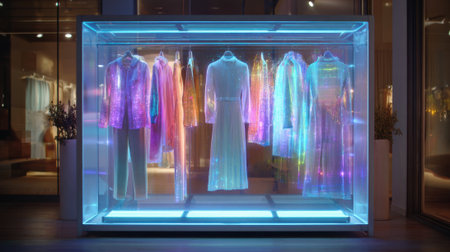 A modern shop window showcases a variety of colorful garments suspended in a glass display. The vibrant lighting highlights each unique piece creating an eye-catching scene.の素材