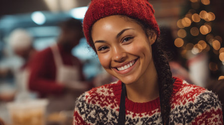 A cheerful young woman in a red hat and sweater smiles warmly while preparing festive treats. The kitchen atmosphere is lively filled with holiday decorations and friendly faces.の素材