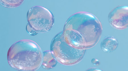 Floating soap bubbles sparkle in sunlight reflecting soft colors against a clear blue sky.の素材