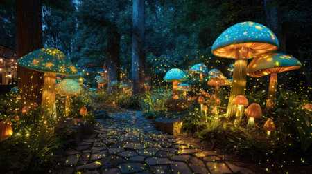 A serene forest scene where bright mushrooms illuminate the path surrounded by twinkling fireflies at dusk.の素材
