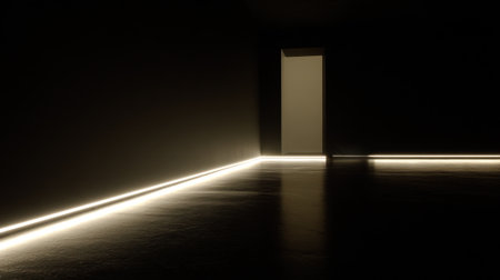 A gentle light lines the floor of a dark room leading to a softly illuminated doorway.の素材