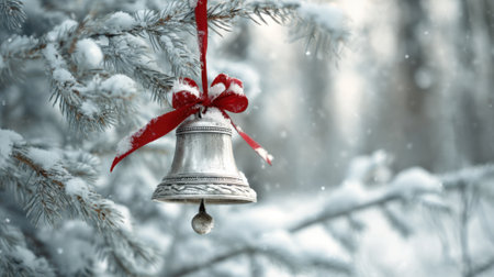 A beautiful silver bell hangs from a snow laden pine branch surrounded by delicate snowflakes.の素材