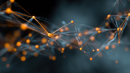 Intricate lines and dots intertwine forming a web of connections against a dark background.の素材