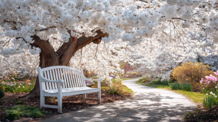 Visitors can relax on a charming bench under blooming cherry trees in a sunny garden walk.の素材