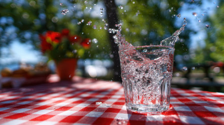 Water splashes from a glass on a checkered table under bright skies surrounded by blooms.の素材