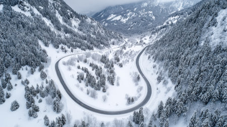 Curved road in snowy mountains creates a beautiful pathway through a serene winter wonderland.の素材