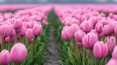 Rows of blooming pink tulips stretch towards the horizon creating a colorful landscape.の素材